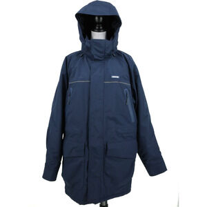 Lands End Coat Mens Medium 38 40 Navy Blue Full Zip Jacket Hooded Fleece Lined